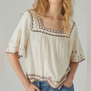 Lucky Brand Women's Embroidered Cream Boho Top Size Medium